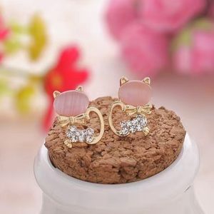 Cute Cat earrings  ~ Gold Cat Earrings ~ Pink stone earrings ~ in gift box